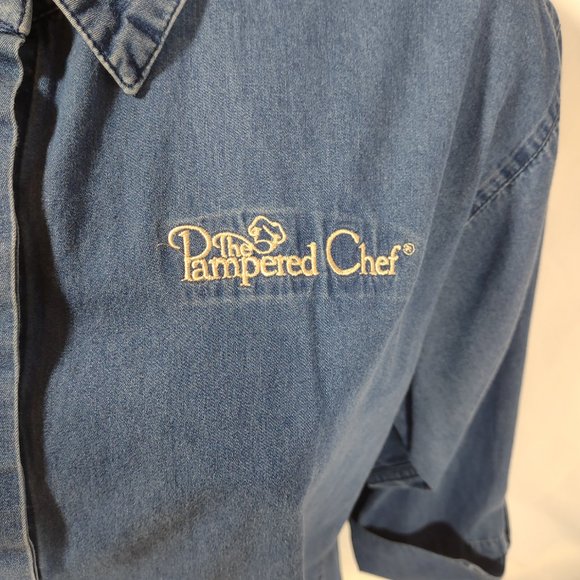 The Pampered Chef Denim Button Up Shirt Women's Medium 3/4 Sleeve Consultant - Picture 2 of 8